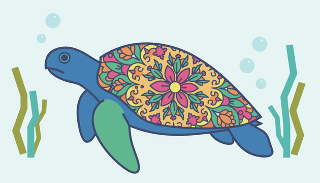 Colorful sea turtle with an intricate mandala pattern on its shell swimming in a light blue ocean with seaweed.