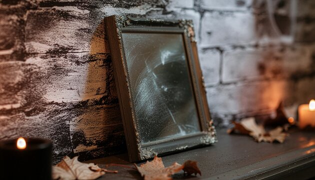 Vintage ornate mirror with autumn leaves and candles on mantel
