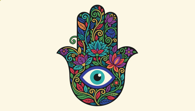 Detailed colorful hamsa hand illustration filled with floral patterns and a central evil eye protection symbol.