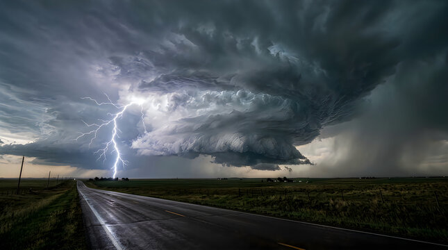 Lightning bolt striking over a dark stormy prairie landscape with a supercell cloud.