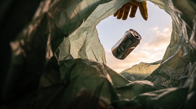 Aluminum can dropped into trash bag viewed from inside at sunset