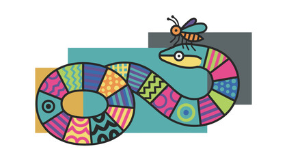 Fototapeta premium Colorful cartoon snake with patterned patchwork scales and a tiny bee sitting on its head against geometric blocks.
