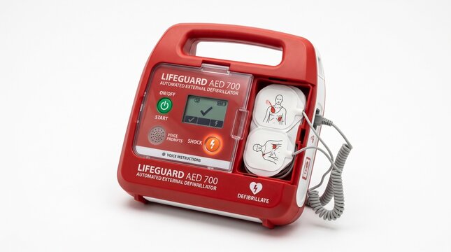 Red automated external defibrillator medical device with electrode pads and shock button isolated on white background