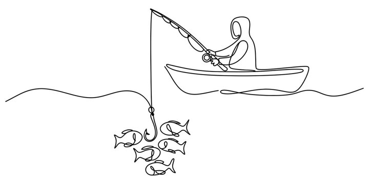 Continuous single line drawing of a fisherman sitting in a small boat catching many fish with a fishing rod in the water Vector, illustration