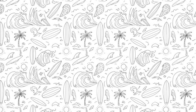 Monochromatic black and white seamless line art pattern depicting surfing, waves, palm trees, and beach elements.