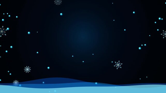 Animated falling snowflakes on dark blue background scenery.