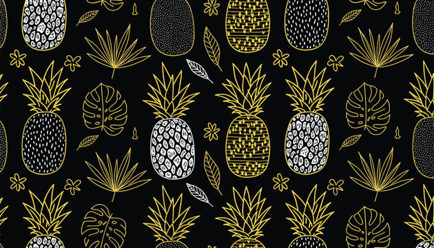Seamless tropical pattern featuring golden hand-drawn outlines of pineapples and exotic leaves on a black background.
