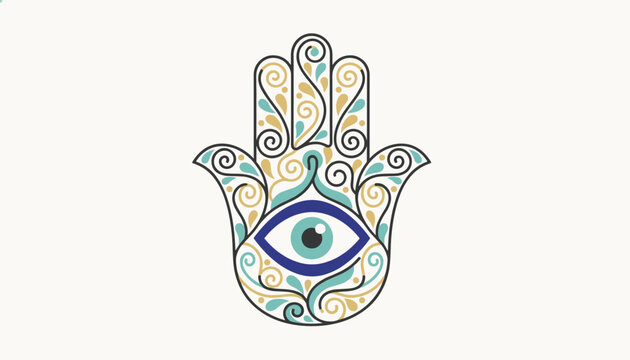 Calligraphic Hamsa hand amulet featuring a traditional evil eye with intricate curls and golden ornaments on white.
