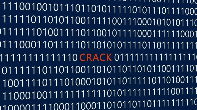 Crack text or word with digital binary animation made in After Effects for digital world technology concept, representing security breaches, system cracking, and software vulnerability assessment.