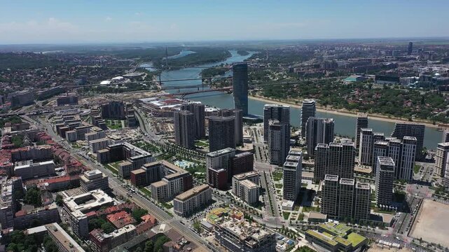 Aerial View of Belgrade Center, Belgrade Waterfront and Stefan Nemanja Monument