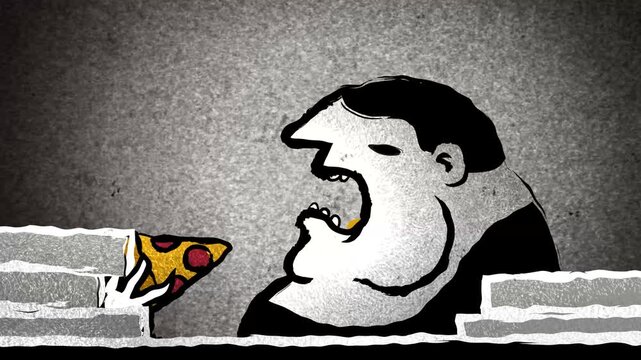 man with binge eating disorder devouring pizza in sketch style  