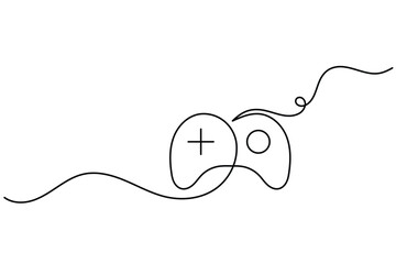Obraz premium Gamepad continuous line art depicting a minimal game controller icon. Features a single line drawing with editable stroke on white background. Clean vector design
