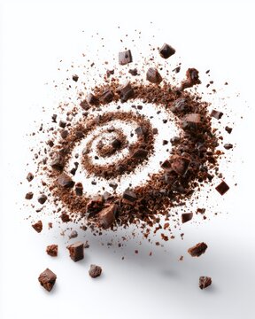 Swirling pattern of dark chocolate chunks and shavings on a white background, capturing motion and texture in a dynamic, artistic display.