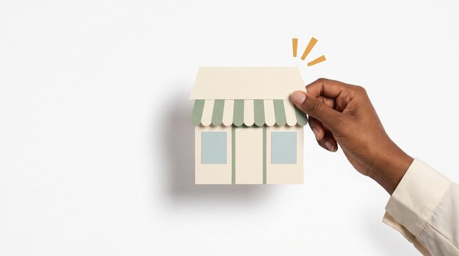 Hand holding paper shopfront model with awning on white background