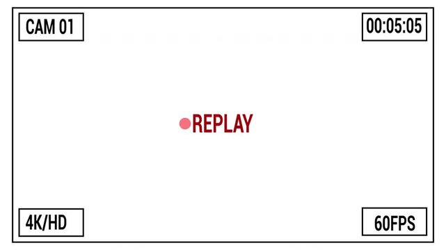 Video Camera Replay Screen Animation On Transparent Background, Vertical VHS Replay Overlay On Alpha Channel, 4K Animation.