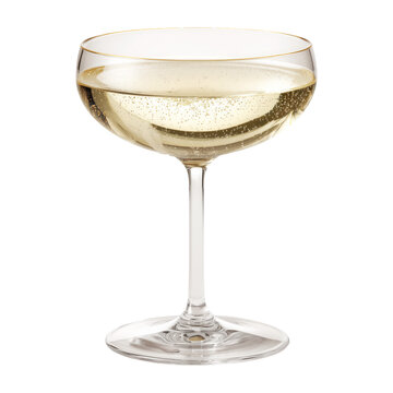 Crystal champagne coupe with golden bubbly drink isolated on white background, concept of celebration and elegance