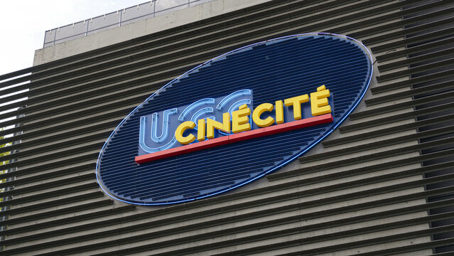 PARIS, FRANCE - SEPTEMBER 1, 2026 - UGC Cine Cite cinema logo on a modern building facade in Bercy Village, Paris, France