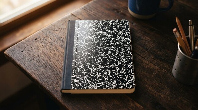 Black and white composition notebook on rustic wooden table top view, college ruled diary for journaling and moleskine style writing concept with stubby pens and coffee cup