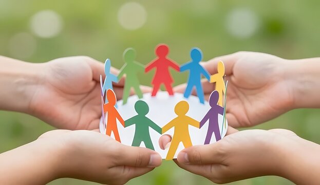 Diverse paper cutout people chain held carefully in human hands, representing community, teamwork, social unity, inclusion, and corporate social responsibility