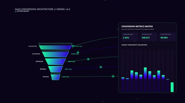 SaaS data visualization dashboard sales funnel conversion metrics marketing analytics business technology motion footage digital interface