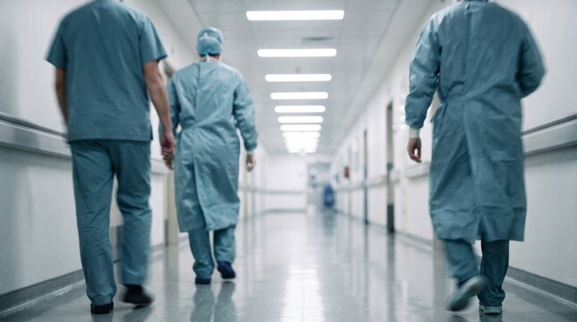 Hospital Corridor Walk: Three medical professionals in surgical scrubs walk down a sterile hospital corridor, their figures receding into the distance under bright fluorescent lights.