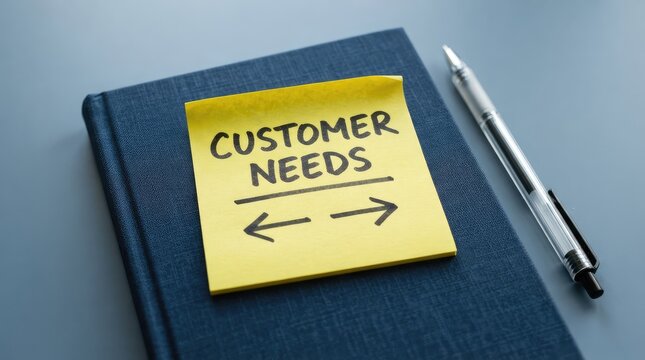 Yellow sticky note with customer needs and bidirectional arrows on notebook beside pen with indicating exchange consideration highlights customer