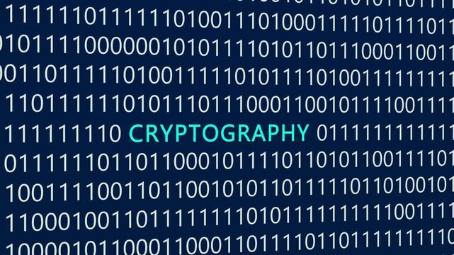 Cryptography text or word with digital binary animation made in After Effects for digital world technology concept, representing data encryption, secure communication, and cryptographic protocols.