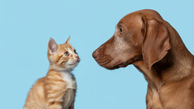 Cute orange kitten and brown hunting dog looking directly at each other on a blue background