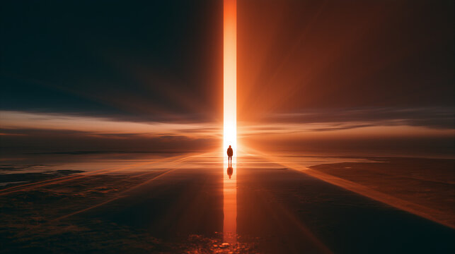 Surreal glowing vertical portal on a reflective horizon at sunset, with a solitary silhouette facing brilliant light and dramatic cinematic rays