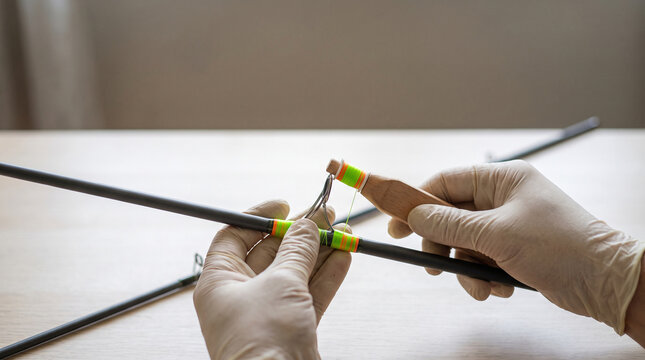 Close up macro of unrecognizable hands meticulously wrapping thread around a fishing rod guide.