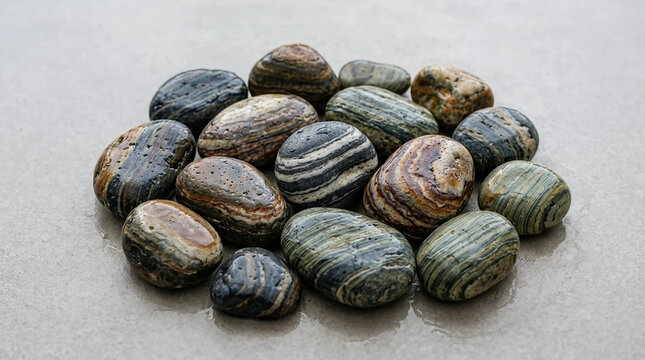 Smooth wet river pebbles with natural striped marble texture on neutral stone surface
