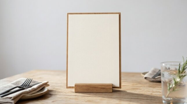 Minimalist blank white menu on wooden stand, restaurant table setting with cutlery and glass, mockup template for cafe food design