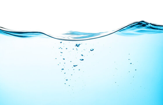 Air Bubbles Float Up in Clear water. Splashing Water Wave. Pure Drinking Water, Oxygen Relaxation. Clean Blue Water Textured on White Background.	
