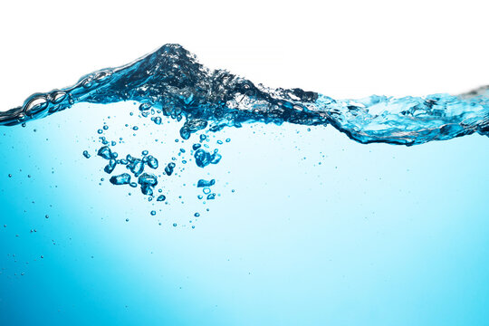 Splashing water wave, air bubbles float up in the water. pure drinking water, oxygen relaxation. clean and clear water textured on white background	
