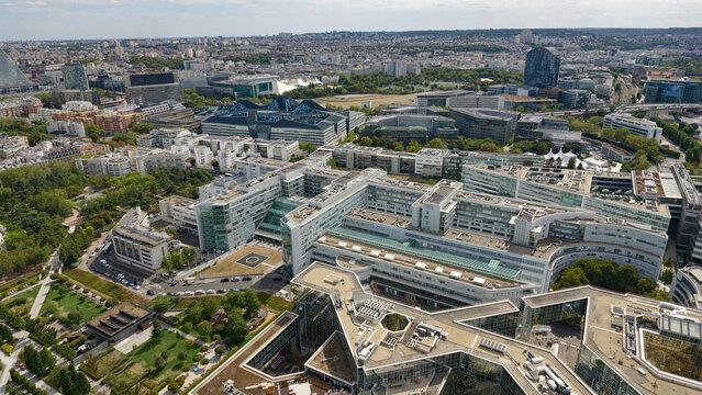 PARIS, FRANCE - SEPTEMBER 1, 2026 - Paris cityscape with modern architecture including the Ministry of Armed Forces building