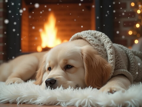 Peaceful Golden Retriever wearing a cozy knit sweater, resting on a fluffy rug by a warm fireplace, winter lifestyle