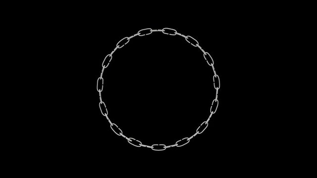 Silver metal link chain arranged in a circular loop formation on dark background