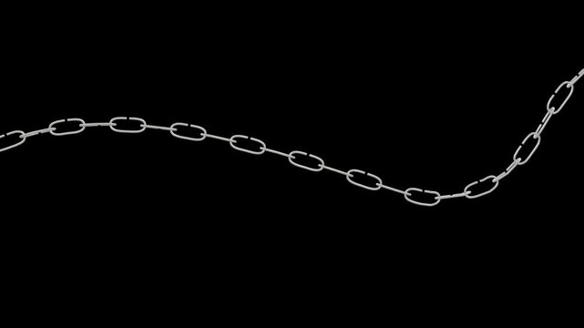Silver metal link chain flowing in smooth wave motion on dark background