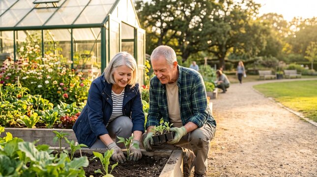 Gardening senior couple planting vegetables in wooden raised beds together outside their backyard greenhouse during a warm sunny afternoon in spring season.