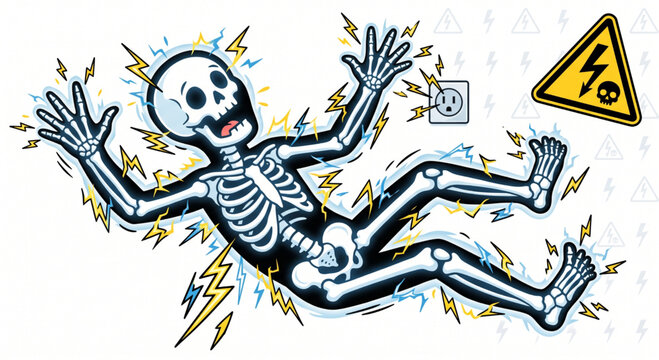 Cartoon skeleton getting electrocuted by electricity
