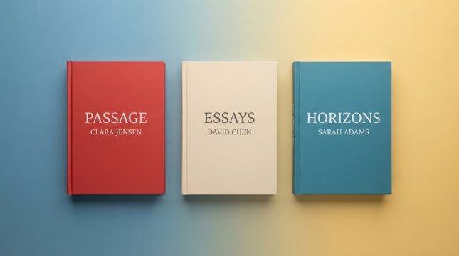 Three colored books with literary titles arranged on a gradient background with Books titles prominently stand side side smooth gradient surface