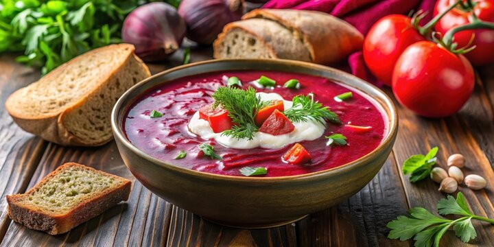 A colorful bowl of beet borscht topped with a generous helping of creamy sour cream