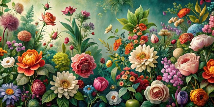 Colorful floral arrangement with lush greenery and vibrant flowers in a beautiful vintage wallpaper design, reminiscent of a traditional botanical garden, arrangement , lush