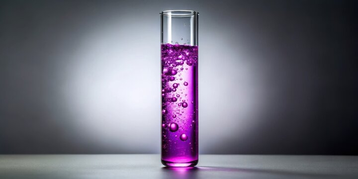 Violet oil mixed with liquid creating bubbles in a test tube on grey background, chemical reaction, violet oil mix bubble test tube liquid grey scientific laboratory experiment
