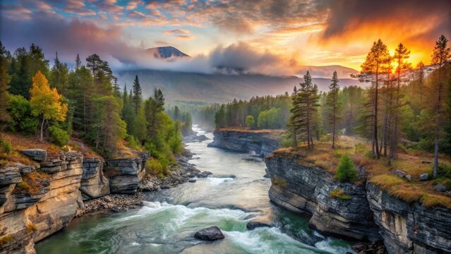 River canyon landscape in Abisko national park at sunset with misty atmosphere and eerie silence surrounded by tall pine trees, river canyon, wilderness