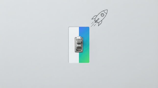 Power switch with colorful gradient background with switch mounted rectangular background rocket graphic rectangular panel graphic nearby with light switch