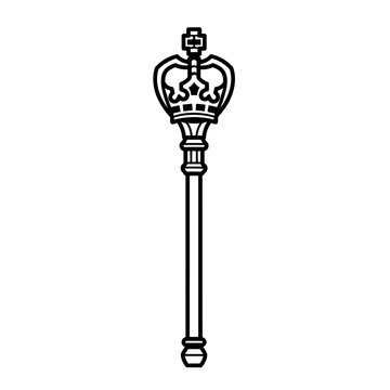 Royal scepter with crown icon, symbol of power, authority, and monarchy, isolated on white background, vector illustration.