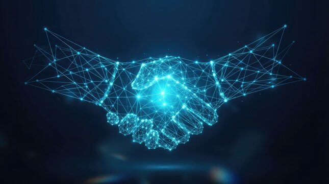 Digital handshake with interconnected glowing nodes forming networked hand shapes against dark background with handshake intricate network connecting two illuminated