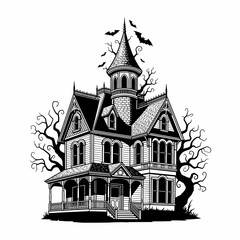 Fototapeta premium Spooky Victorian Haunted Mansion with Bats Flying Around at Night, Gothic Architecture Illustration