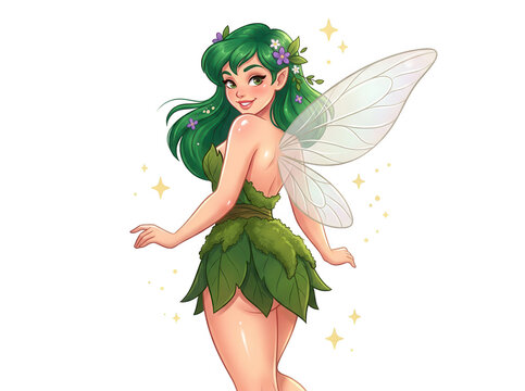 Ilustraci&oacute;n de hada del bosque con alas y cabello verde